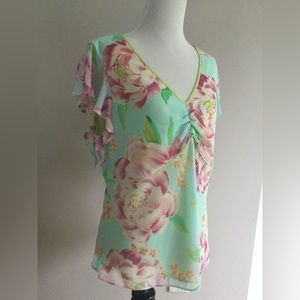 Nine & Co floral aqua chiffon top, size 16, NWT